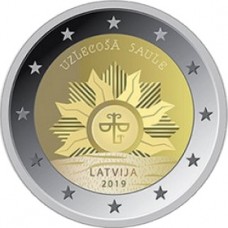 Восходящее солнце. 2 евро 2019 года.  Латвия . Из банковского ролла (UNC)
