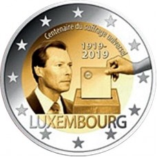 100-летие универсального права голоса. 2 евро 2019 года.  Люксембург. Из банковского ролла (UNC)