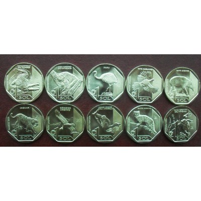 Набор памятных монет 1 соль Перу 2017-2019 г.г.,  серия «Вымирающая дикая природа Перу» (10 монет)