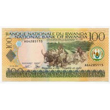 Банкнота 100 франков 2003 года  Руанда. Из банковской пачки 
